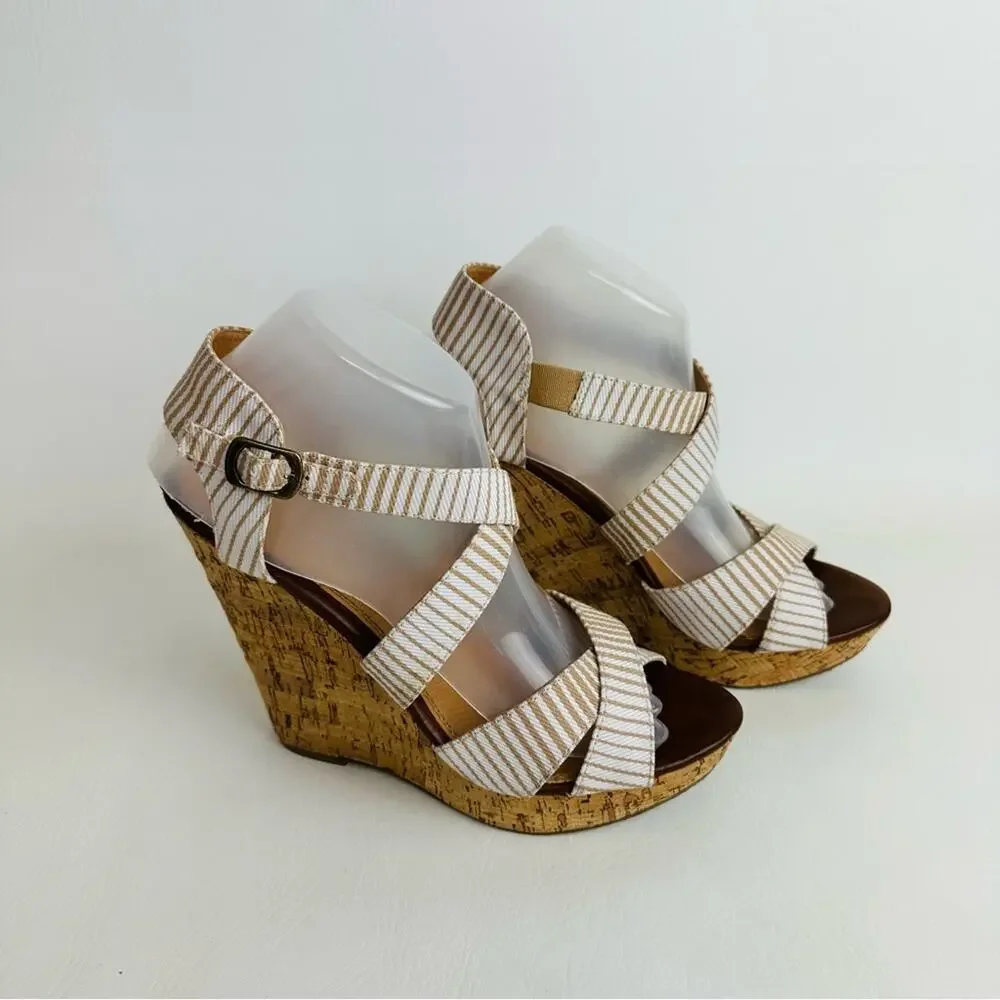 Chinese Laundry Women's Striped Strappy Wedge Sandals Cream Tan‎ Shoes Size 8.5